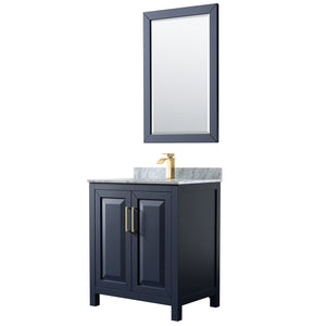 Daria 30 Inch Single Bathroom Vanity in Dark Blue White Carrara Marble Countertop Undermount Square Sink 24 Inch Mirror