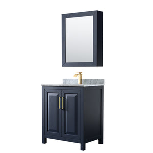 Daria 30 Inch Single Bathroom Vanity in Dark Blue White Carrara Marble Countertop Undermount Square Sink Medicine Cabinet