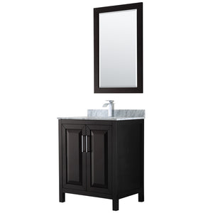 Daria 30 Inch Single Bathroom Vanity in Dark Espresso White Carrara Marble Countertop Undermount Square Sink and 24 Inch Mirror