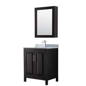 Daria 30 Inch Single Bathroom Vanity in Dark Espresso White Carrara Marble Countertop Undermount Square Sink and Medicine Cabinet