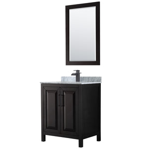 Daria 30 Inch Single Bathroom Vanity in Dark Espresso White Carrara Marble Countertop Undermount Square Sink Matte Black Trim 24 Inch Mirror