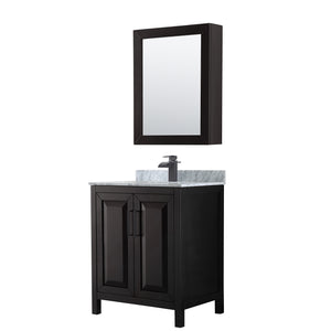 Daria 30 Inch Single Bathroom Vanity in Dark Espresso White Carrara Marble Countertop Undermount Square Sink Matte Black Trim Medicine Cabinet