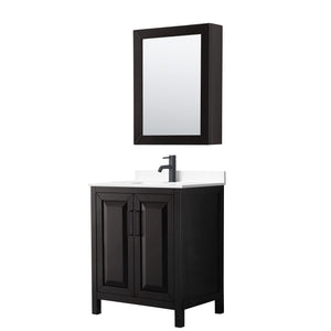 Daria 30 Inch Single Bathroom Vanity in Dark Espresso White Cultured Marble Countertop Undermount Square Sink Matte Black Trim Medicine Cabinet