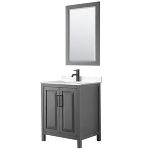 Daria 30 Inch Single Bathroom Vanity in Dark Gray Carrara Cultured Marble Countertop Undermount Square Sink Matte Black Trim 24 Inch Mirror
