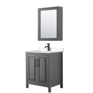 Daria 30 Inch Single Bathroom Vanity in Dark Gray Carrara Cultured Marble Countertop Undermount Square Sink Matte Black Trim Medicine Cabinet