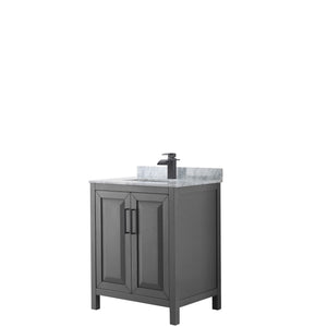 Daria 30 Inch Single Bathroom Vanity in Dark Gray White Carrara Marble Countertop Undermount Square Sink Matte Black Trim