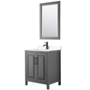 Daria 30 Inch Single Bathroom Vanity in Dark Gray White Cultured Marble Countertop Undermount Square Sink Matte Black Trim 24 Inch Mirror