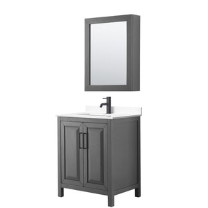 Daria 30 Inch Single Bathroom Vanity in Dark Gray White Cultured Marble Countertop Undermount Square Sink Matte Black Trim Medicine Cabinet