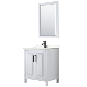 Daria 30 Inch Single Bathroom Vanity in White Carrara Cultured Marble Countertop Undermount Square Sink Matte Black Trim 24 Inch Mirror