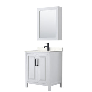 Daria 30 Inch Single Bathroom Vanity in White Carrara Cultured Marble Countertop Undermount Square Sink Matte Black Trim Medicine Cabinet