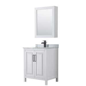 Daria 30 Inch Single Bathroom Vanity in White White Carrara Marble Countertop Undermount Square Sink Matte Black Trim Medicine Cabinet