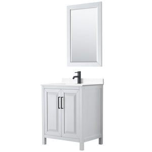 Daria 30 Inch Single Bathroom Vanity in White White Cultured Marble Countertop Undermount Square Sink Matte Black Trim 24 Inch Mirror