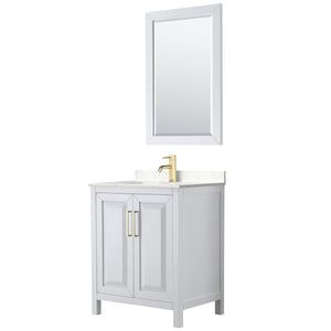 Daria 30 Inch Single Bathroom Vanity in White Carrara Cultured Marble Countertop Undermount Square Sink 24 Inch Mirror Brushed Gold Trim