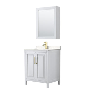 Daria 30 Inch Single Bathroom Vanity in White Carrara Cultured Marble Countertop Undermount Square Sink Medicine Cabinet Brushed Gold Trim