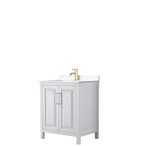 Daria 30 Inch Single Bathroom Vanity in White Carrara Cultured Marble Countertop Undermount Square Sink Brushed Gold Trim