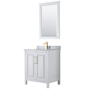 Daria 30 Inch Single Bathroom Vanity in White White Carrara Marble Countertop Undermount Square Sink 24 Inch Mirror Brushed Gold Trim