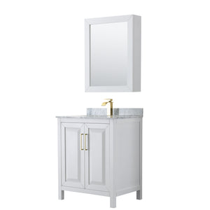 Daria 30 Inch Single Bathroom Vanity in White White Carrara Marble Countertop Undermount Square Sink Medicine Cabinet Brushed Gold Trim