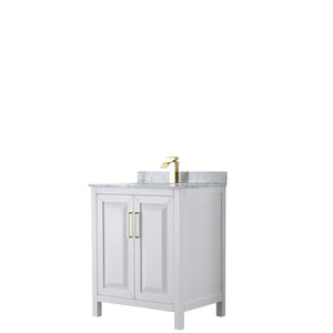 Daria 30 Inch Single Bathroom Vanity in White White Carrara Marble Countertop Undermount Square Sink Brushed Gold Trim