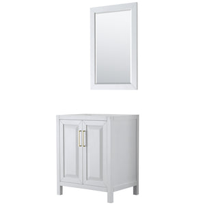 Daria 30 Inch Single Bathroom Vanity in White No Countertop No Sink 24 Inch Mirror Brushed Gold Trim