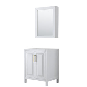 Daria 30 Inch Single Bathroom Vanity in White No Countertop No Sink Medicine Cabinet Brushed Gold Trim
