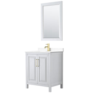 Daria 30 Inch Single Bathroom Vanity in White White Cultured Marble Countertop Undermount Square Sink 24 Inch Mirror Brushed Gold Trim