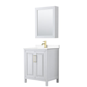 Daria 30 Inch Single Bathroom Vanity in White White Cultured Marble Countertop Undermount Square Sink Medicine Cabinet Brushed Gold Trim