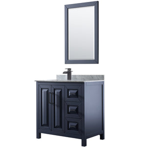 Daria 36 Inch Single Bathroom Vanity in Dark Blue White Carrara Marble Countertop Undermount Square Sink Matte Black Trim 24 Inch Mirror