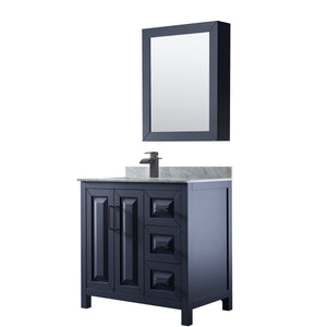 Daria 36 Inch Single Bathroom Vanity in Dark Blue White Carrara Marble Countertop Undermount Square Sink Matte Black Trim Medicine Cabinet