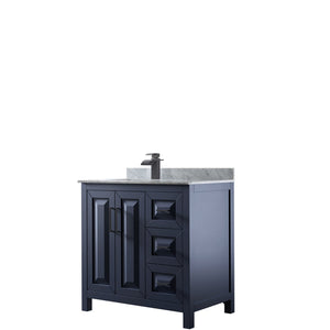 Daria 36 Inch Single Bathroom Vanity in Dark Blue White Carrara Marble Countertop Undermount Square Sink Matte Black Trim