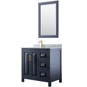 Daria 36 Inch Single Bathroom Vanity in Dark Blue White Carrara Marble Countertop Undermount Square Sink 24 Inch Mirror