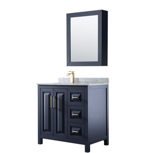 Daria 36 Inch Single Bathroom Vanity in Dark Blue White Carrara Marble Countertop Undermount Square Sink Medicine Cabinet