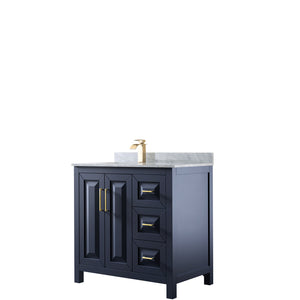 Daria 36 Inch Single Bathroom Vanity in Dark Blue White Carrara Marble Countertop Undermount Square Sink No Mirror