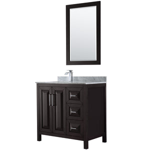 Daria 36 Inch Single Bathroom Vanity in Dark Espresso White Carrara Marble Countertop Undermount Square Sink and 24 Inch Mirror