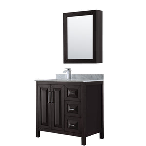 Daria 36 Inch Single Bathroom Vanity in Dark Espresso White Carrara Marble Countertop Undermount Square Sink and Medicine Cabinet
