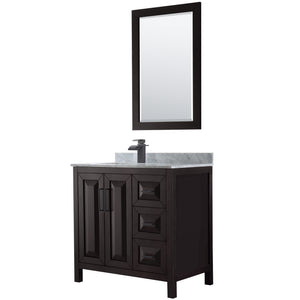 Daria 36 Inch Single Bathroom Vanity in Dark Espresso White Carrara Marble Countertop Undermount Square Sink Matte Black Trim 24 Inch Mirror