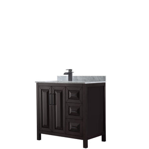 Daria 36 Inch Single Bathroom Vanity in Dark Espresso White Carrara Marble Countertop Undermount Square Sink Matte Black Trim