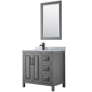 Daria 36 Inch Single Bathroom Vanity in Dark Gray White Carrara Marble Countertop Undermount Square Sink Matte Black Trim 24 Inch Mirror