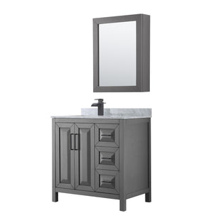 Daria 36 Inch Single Bathroom Vanity in Dark Gray White Carrara Marble Countertop Undermount Square Sink Matte Black Trim Medicine Cabinet
