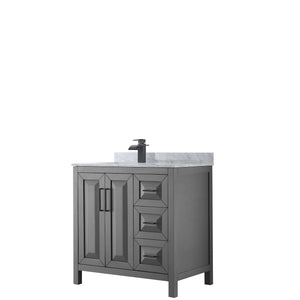 Daria 36 Inch Single Bathroom Vanity in Dark Gray White Carrara Marble Countertop Undermount Square Sink Matte Black Trim