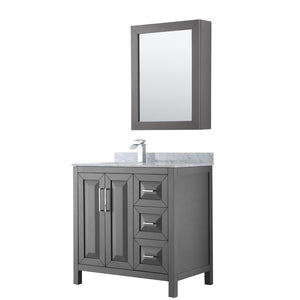 Daria 36 Inch Single Bathroom Vanity in Dark Gray White Carrara Marble Countertop Undermount Square Sink and Medicine Cabinet