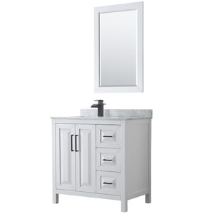 Daria 36 Inch Single Bathroom Vanity in White White Carrara Marble Countertop Undermount Square Sink Matte Black Trim 24 Inch Mirror