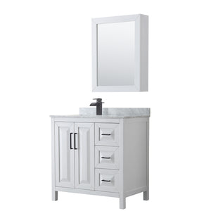 Daria 36 Inch Single Bathroom Vanity in White White Carrara Marble Countertop Undermount Square Sink Matte Black Trim Medicine Cabinet
