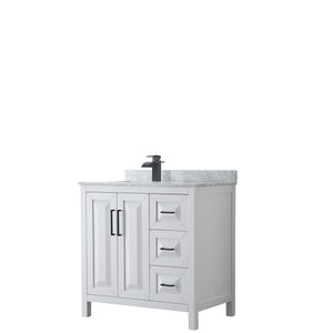 Daria 36 Inch Single Bathroom Vanity in White White Carrara Marble Countertop Undermount Square Sink Matte Black Trim