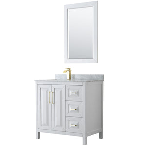 Daria 36 Inch Single Bathroom Vanity in White White Carrara Marble Countertop Undermount Square Sink 24 Inch Mirror Brushed Gold Trim