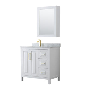 Daria 36 Inch Single Bathroom Vanity in White White Carrara Marble Countertop Undermount Square Sink Medicine Cabinet Brushed Gold Trim