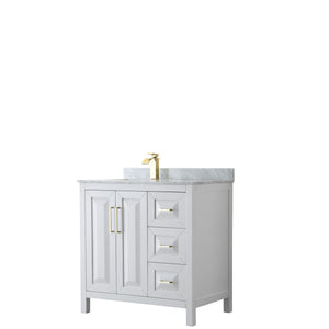 Daria 36 Inch Single Bathroom Vanity in White White Carrara Marble Countertop Undermount Square Sink Brushed Gold Trim