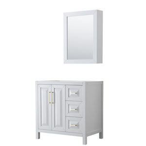 Daria 36 Inch Single Bathroom Vanity in White No Countertop No Sink Medicine Cabinet Brushed Gold Trim