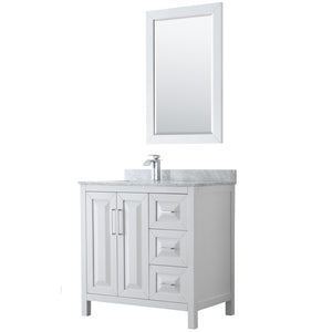 Daria 36 Inch Single Bathroom Vanity in White White Carrara Marble Countertop Undermount Square Sink and 24 Inch Mirror