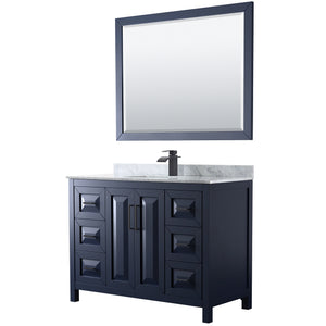 Daria 48 Inch Single Bathroom Vanity in Dark Blue White Carrara Marble Countertop Undermount Square Sink Matte Black Trim 46 Inch Mirror