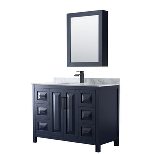 Daria 48 Inch Single Bathroom Vanity in Dark Blue White Carrara Marble Countertop Undermount Square Sink Matte Black Trim Medicine Cabinet